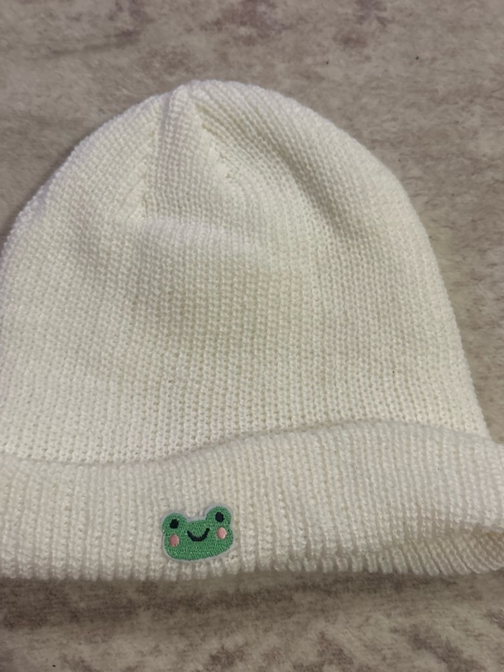 Target Kids White Knit Beanie with Green Frog Patch